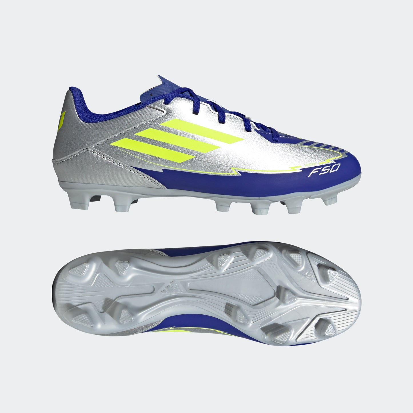 adidas F50 CLUB MESSI Firm/Multi-Ground Soccer Cleats | Silver Metallic-Solar Yellow-Lucid Blue | Men's