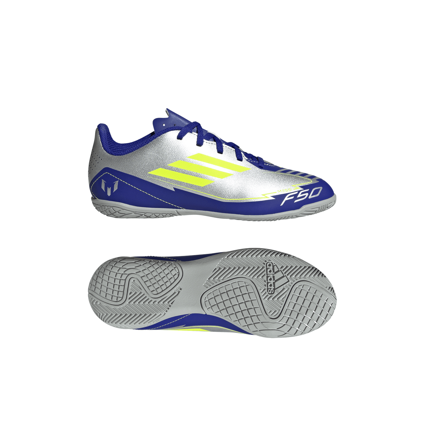 adidas F50 Club Indoor Messi Soccer Shoes | Silver Metallic / Solar Yellow / Lucid Blue | Kid's