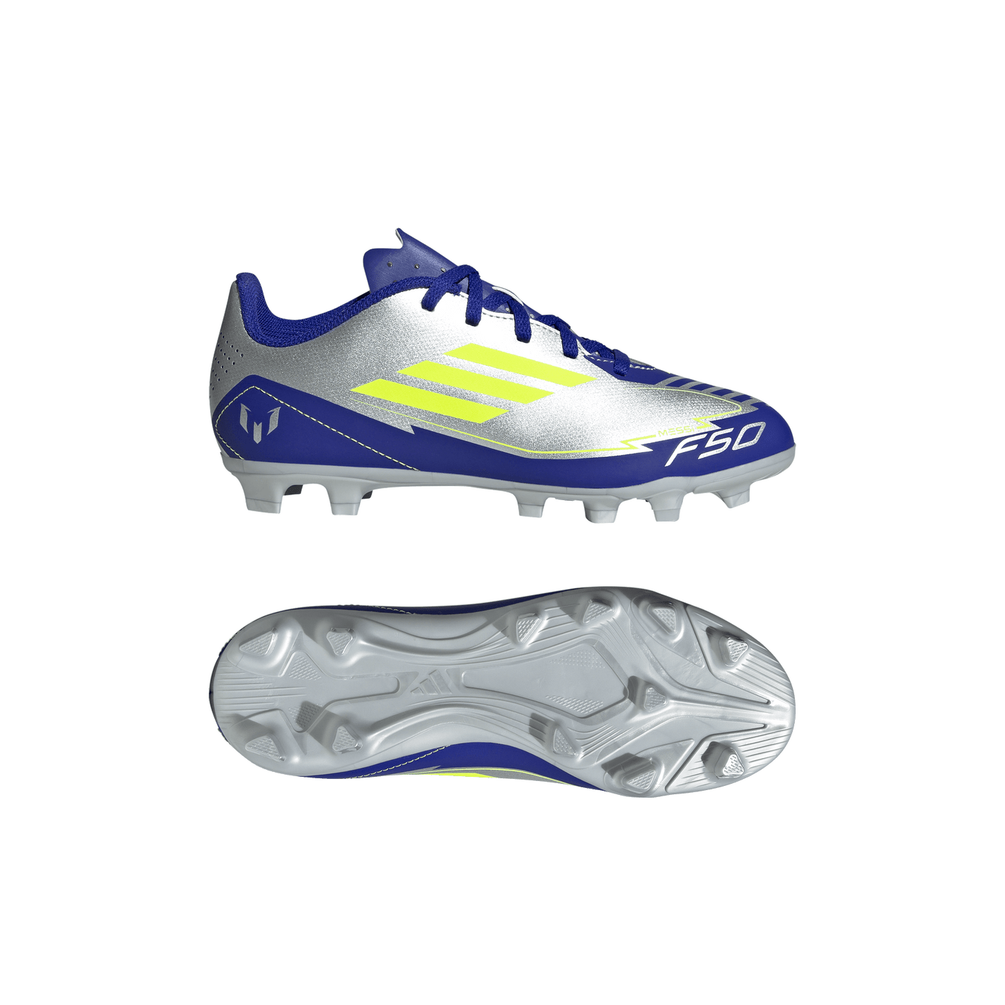 adidas F50 CLUB MESSI Firm/Multi-Ground Soccer Cleats | Silver Metallic / Solar Yellow / Lucid Blue | Kid's