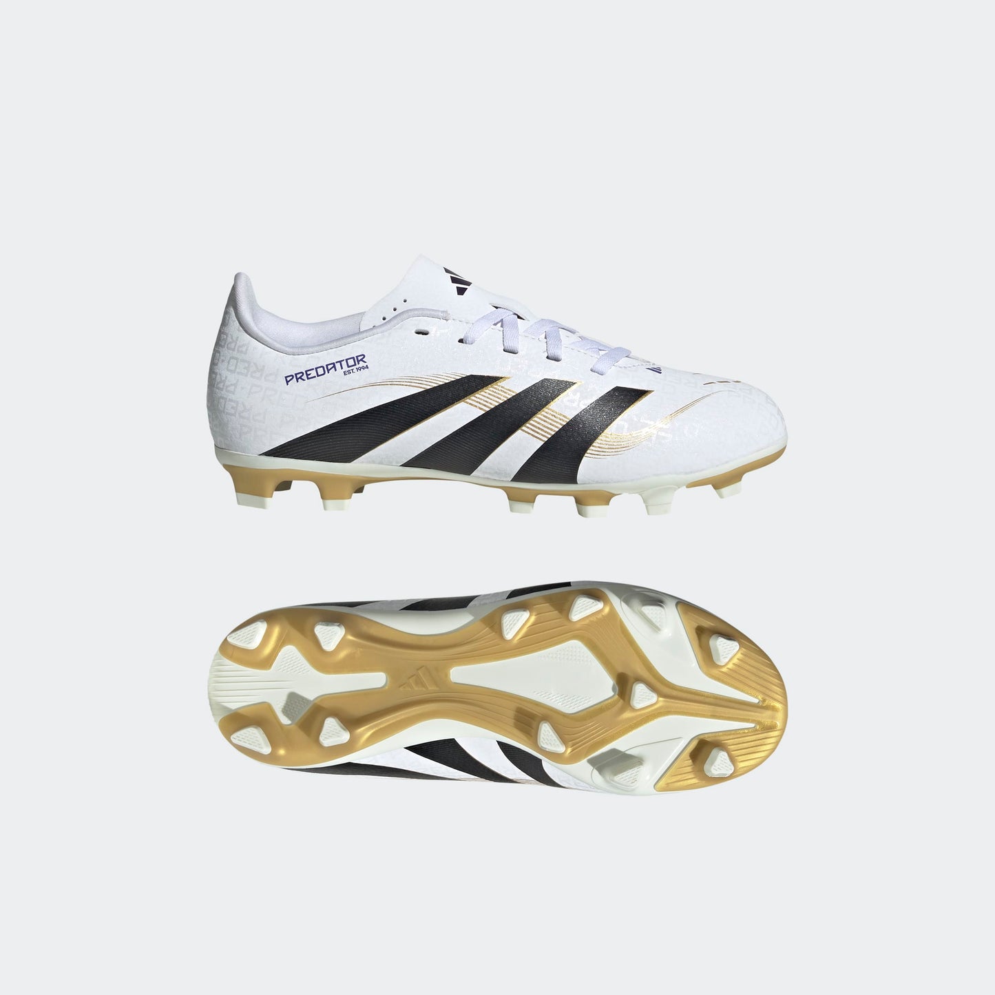 adidas PREDATOR CLUB Firm/Multi-Ground Soccer Cleats | Cloud White-Core Black-Gold Metallic | Kid's Unisex