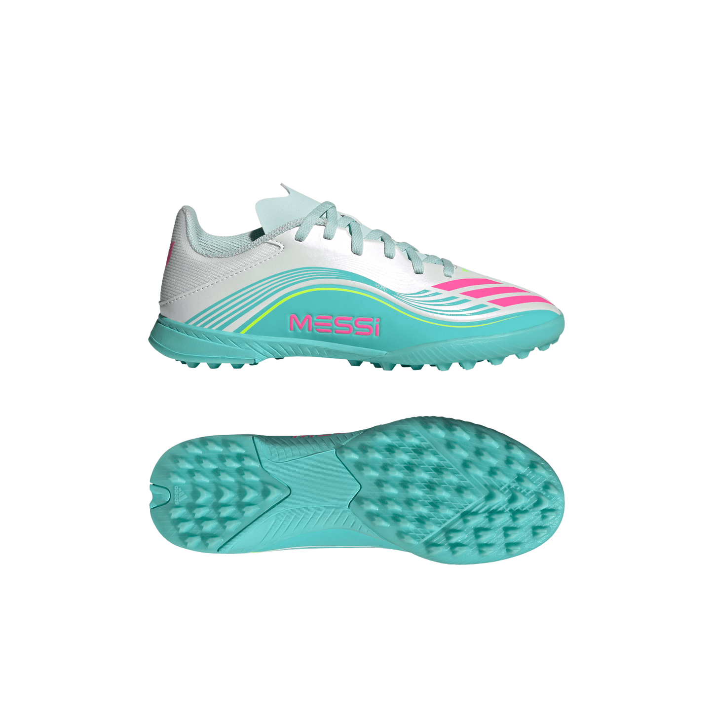 adidas F50 MESSI LEAGUE Turf Football Shoes | Cloud White / Lucid Pink / Flash Aqua | Kid's