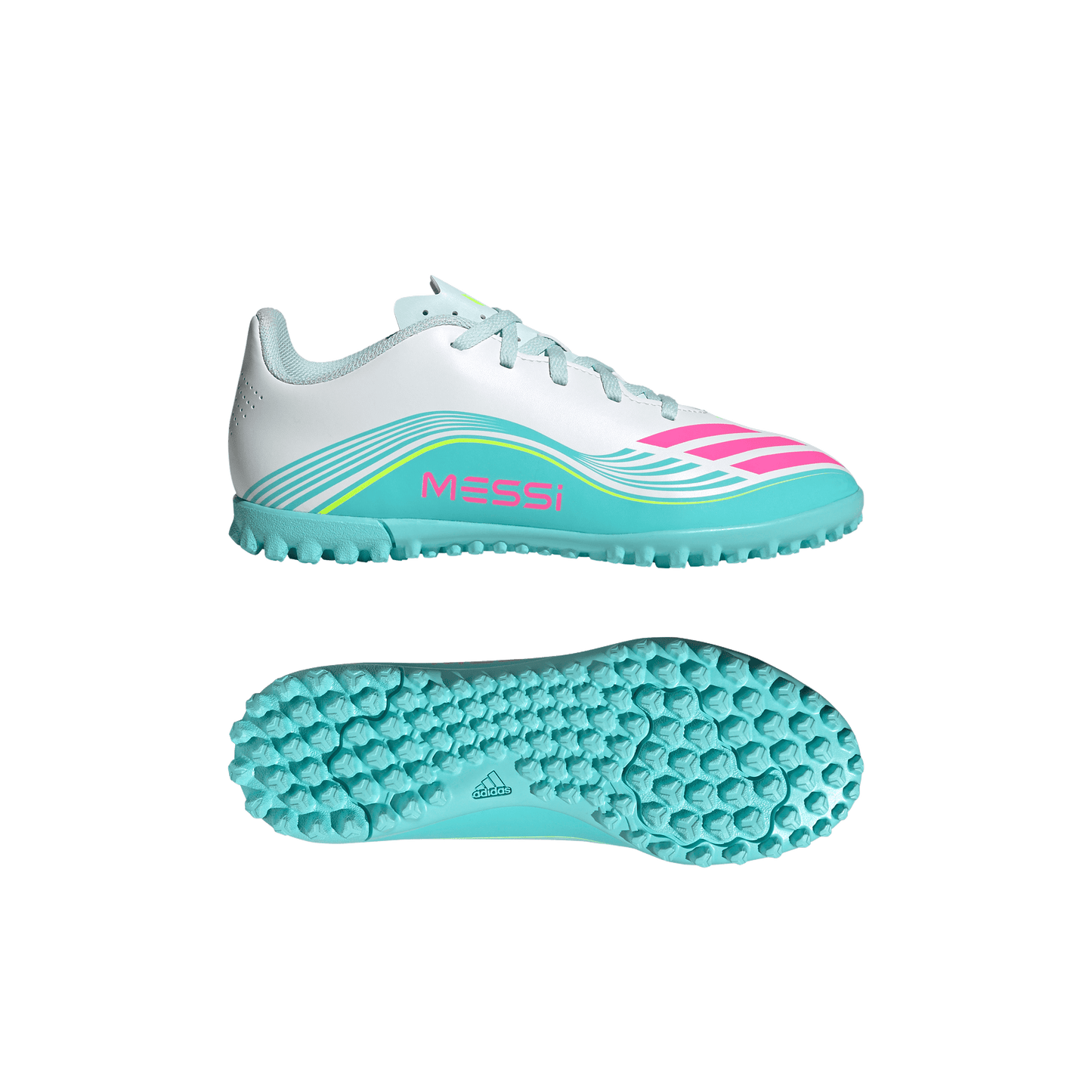 adidas F50 MESSI CLUB Turf Football Shoes | Cloud White / Lucid Pink / Flash Aqua | Kid's