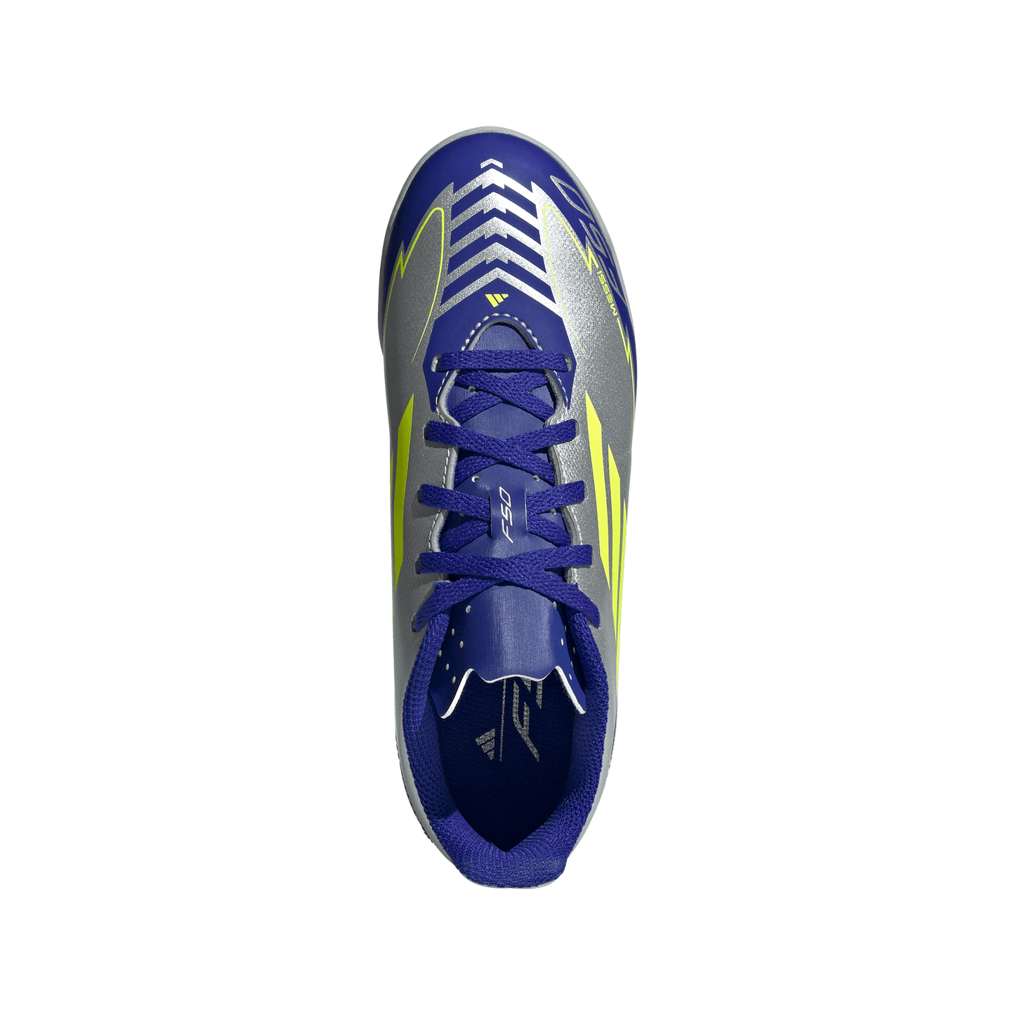 adidas F50 Club Indoor Messi Soccer Shoes | Silver Metallic / Solar Yellow / Lucid Blue | Kid's