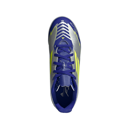 adidas F50 Club Indoor Messi Soccer Shoes | Silver Metallic / Solar Yellow / Lucid Blue | Kid's