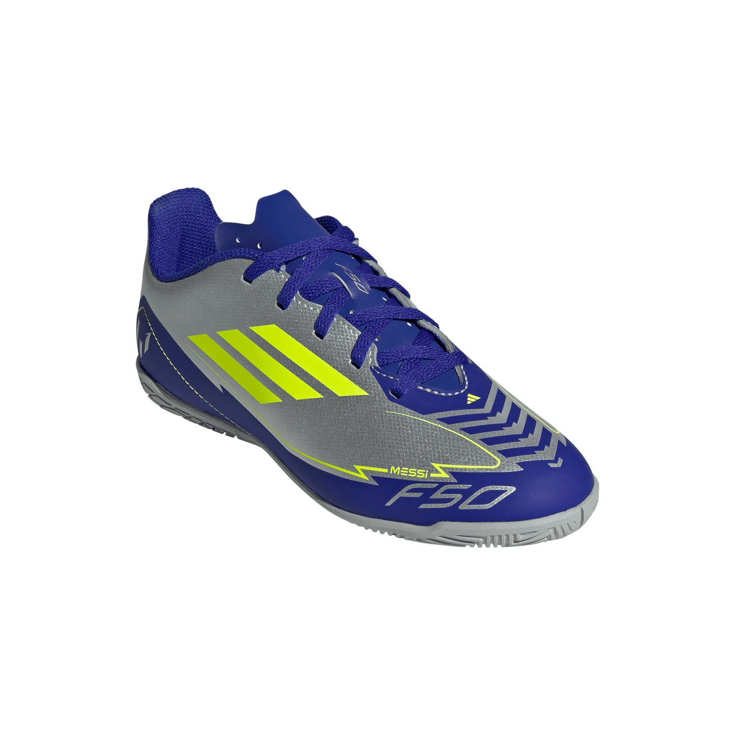 adidas F50 Club Indoor Messi Soccer Shoes | Silver Metallic / Solar Yellow / Lucid Blue | Kid's