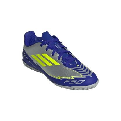 adidas F50 Club Indoor Messi Soccer Shoes | Silver Metallic / Solar Yellow / Lucid Blue | Kid's