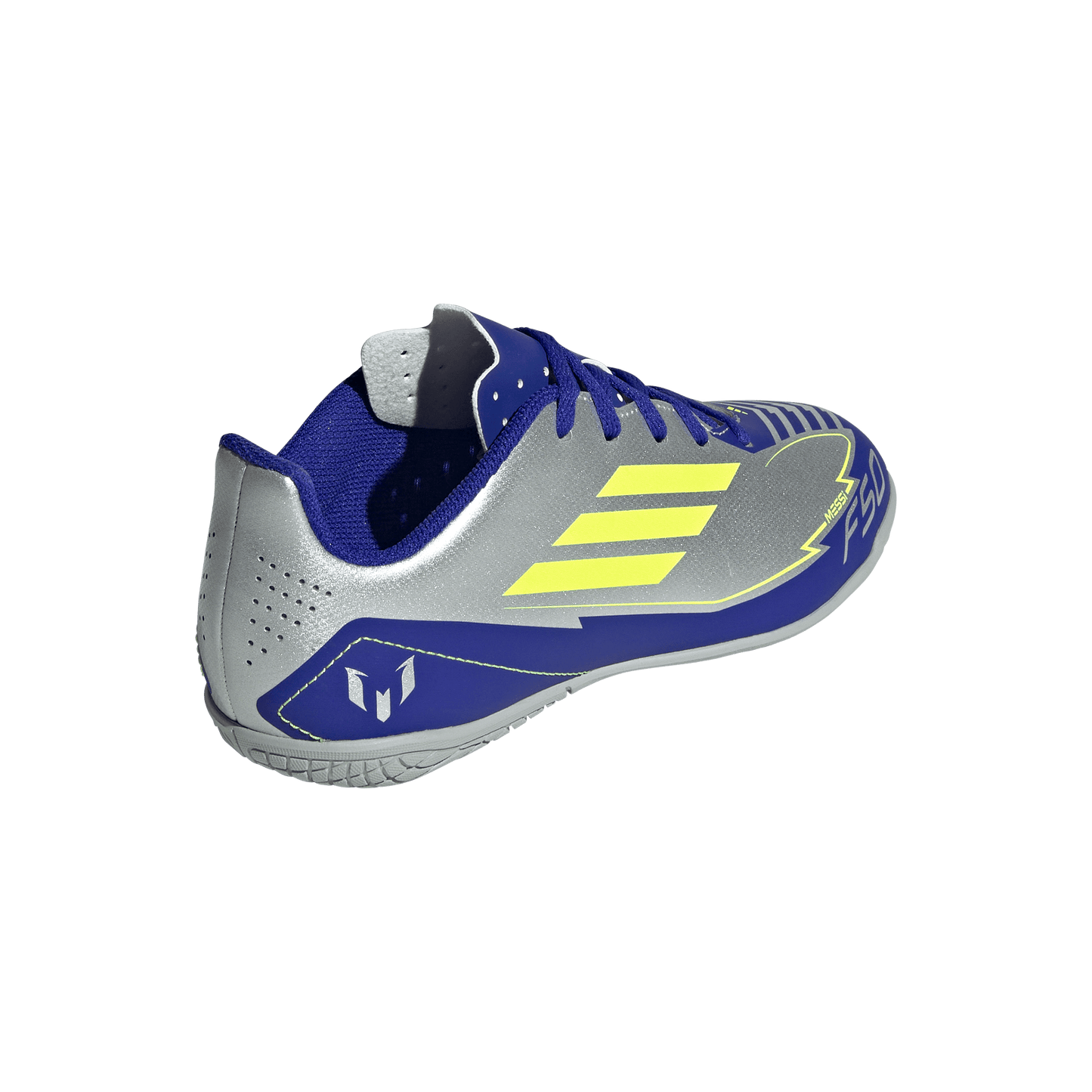 adidas F50 Club Indoor Messi Soccer Shoes | Silver Metallic / Solar Yellow / Lucid Blue | Kid's