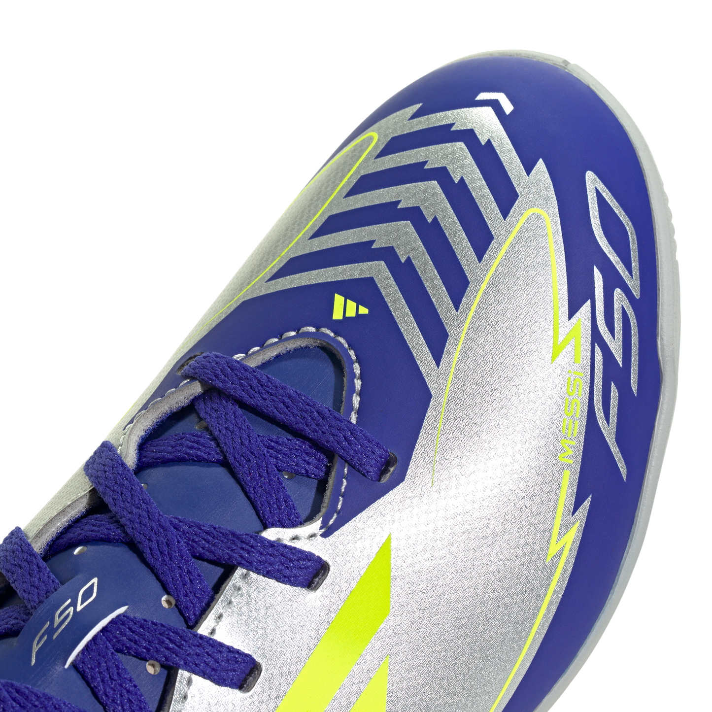 adidas F50 Club Indoor Messi Soccer Shoes | Silver Metallic / Solar Yellow / Lucid Blue | Kid's