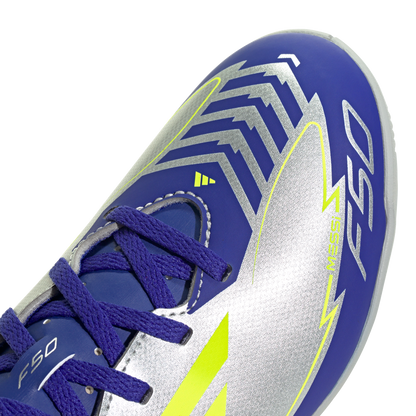 adidas F50 Club Indoor Messi Soccer Shoes | Silver Metallic / Solar Yellow / Lucid Blue | Kid's