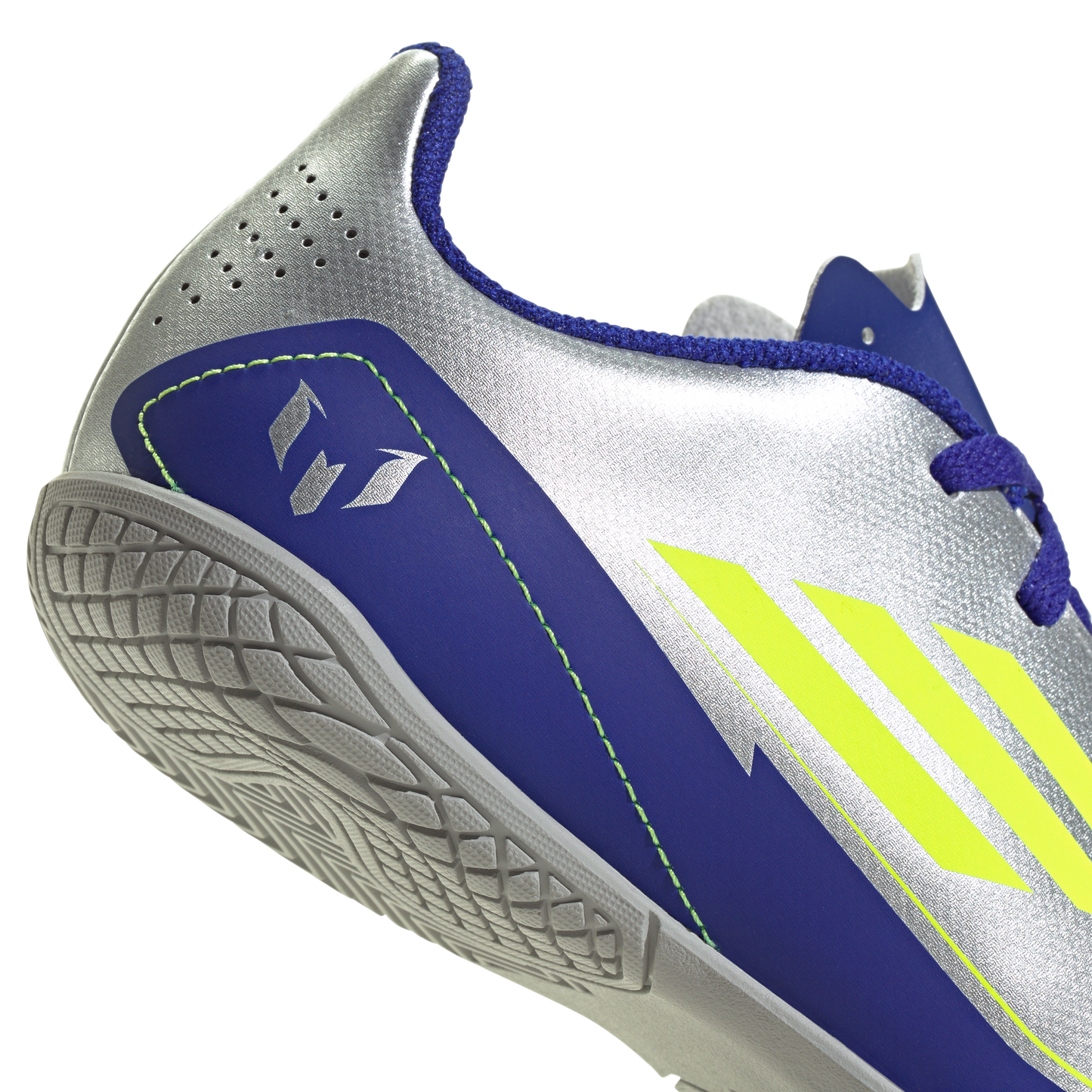 adidas F50 Club Indoor Messi Soccer Shoes | Silver Metallic / Solar Yellow / Lucid Blue | Kid's