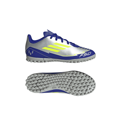 adidas F50 Club Artificial Turf Messi Soccer Shoes | Silver Metallic / Solar Yellow / Lucid Blue | Kid's