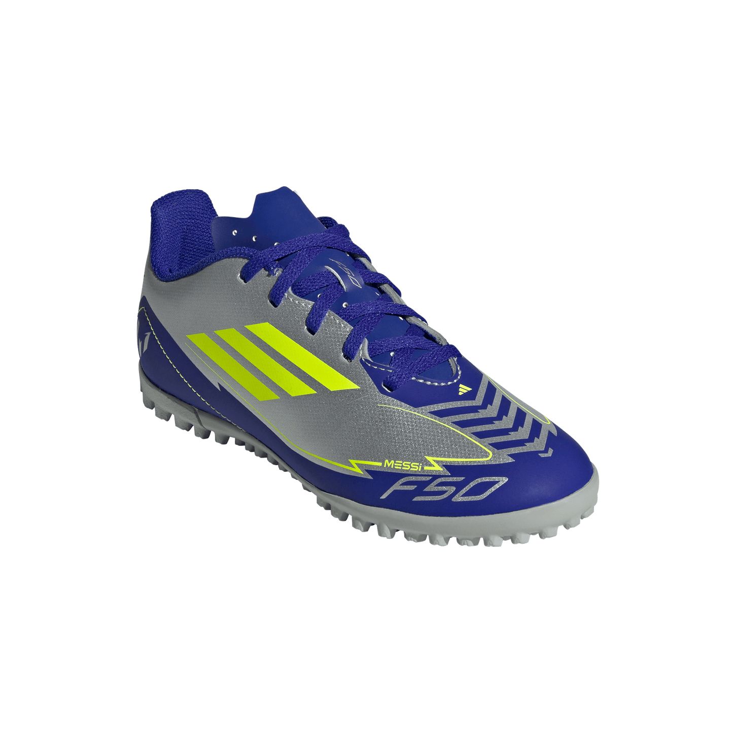 adidas F50 Club Artificial Turf Messi Soccer Shoes | Silver Metallic / Solar Yellow / Lucid Blue | Kid's