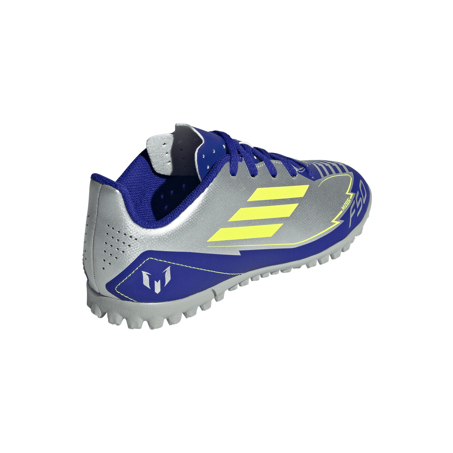 adidas F50 Club Artificial Turf Messi Soccer Shoes | Silver Metallic / Solar Yellow / Lucid Blue | Kid's
