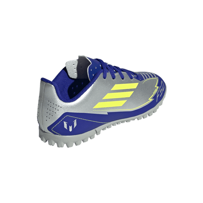 adidas F50 Club Artificial Turf Messi Soccer Shoes | Silver Metallic / Solar Yellow / Lucid Blue | Kid's
