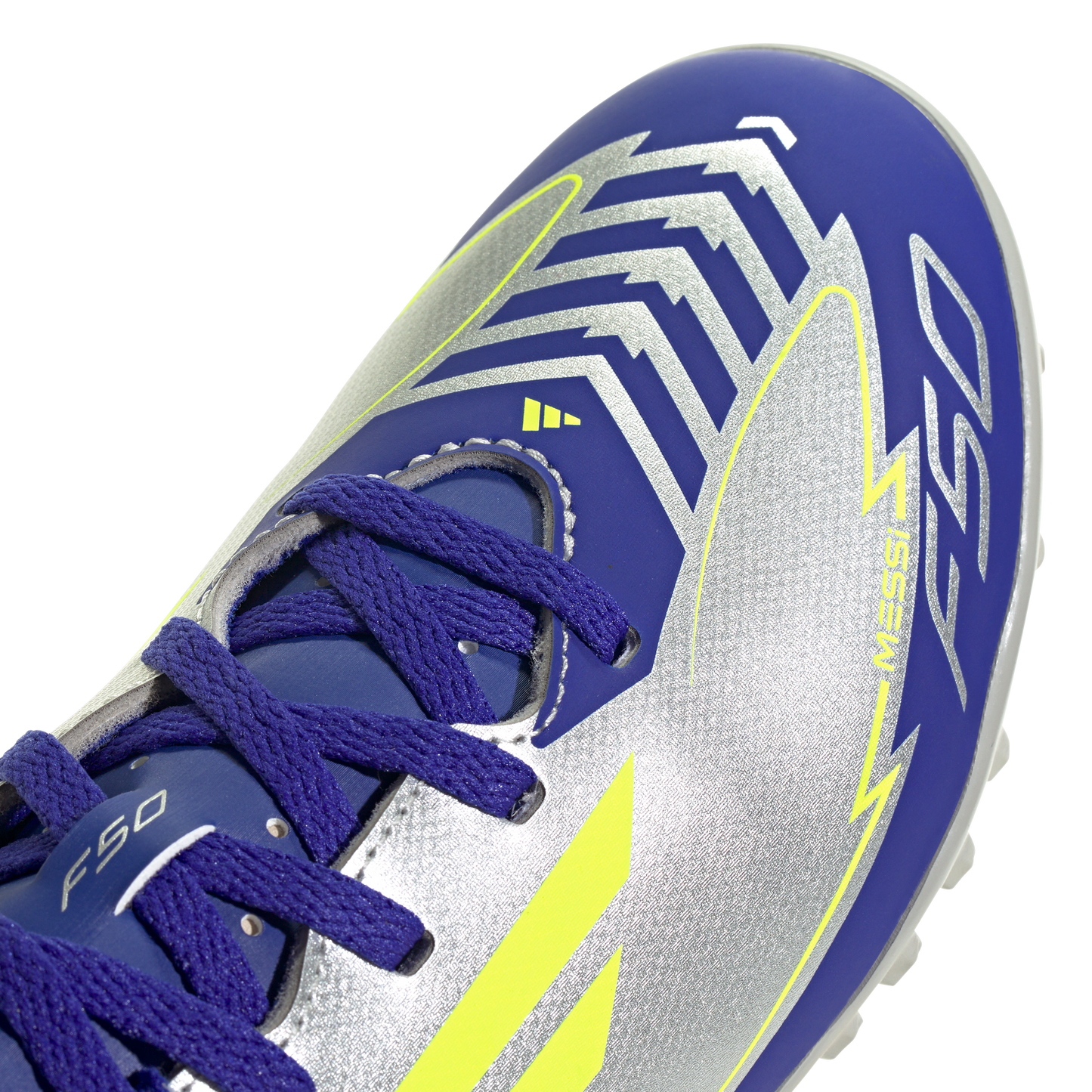adidas F50 Club Artificial Turf Messi Soccer Shoes | Silver Metallic / Solar Yellow / Lucid Blue | Kid's