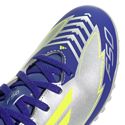 adidas F50 Club Artificial Turf Messi Soccer Shoes | Silver Metallic / Solar Yellow / Lucid Blue | Kid's