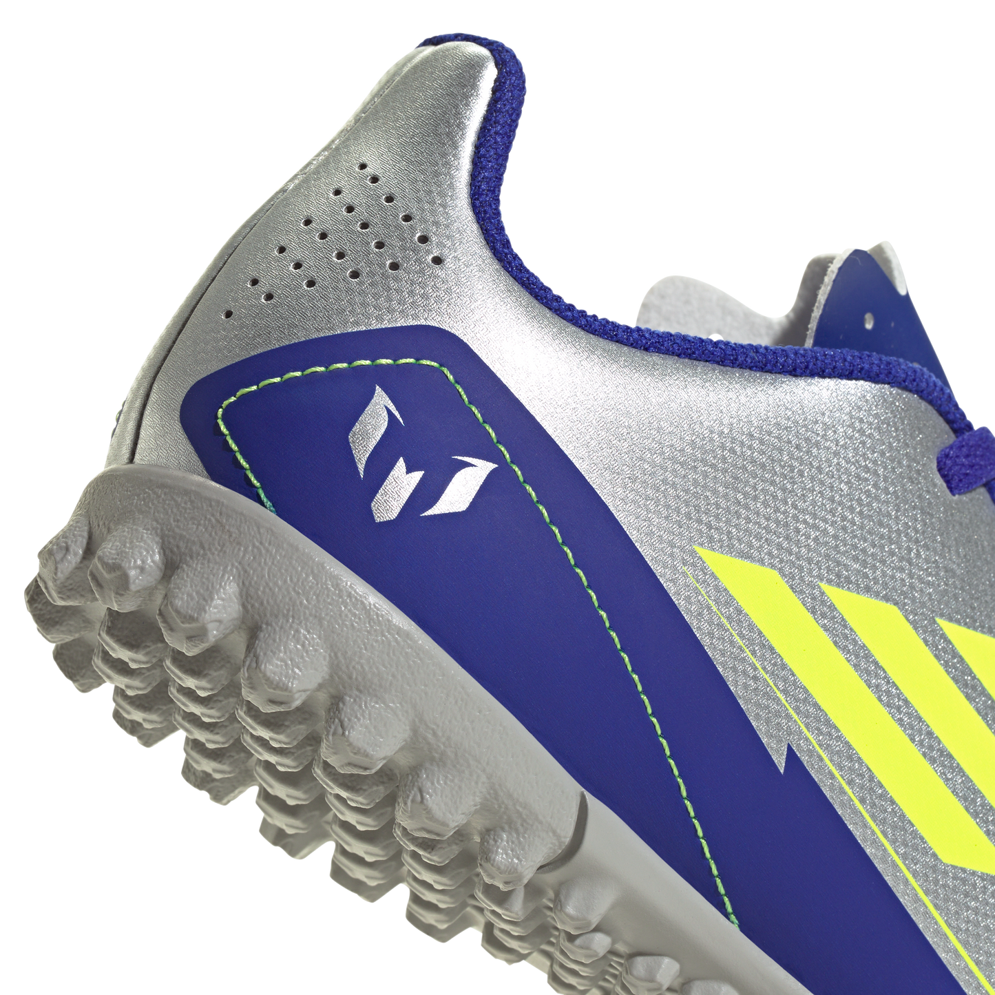 adidas F50 Club Artificial Turf Messi Soccer Shoes | Silver Metallic / Solar Yellow / Lucid Blue | Kid's