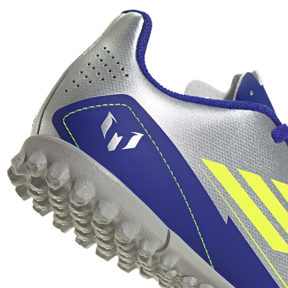 adidas F50 Club Artificial Turf Messi Soccer Shoes | Silver Metallic / Solar Yellow / Lucid Blue | Kid's