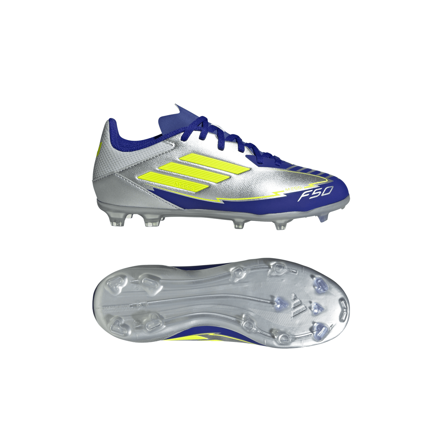 adidas F50 LEAGUE MESSI Firm/Multi-Ground Soccer Cleats | Silver Metallic / Solar Yellow / Lucid Blue | Kid's