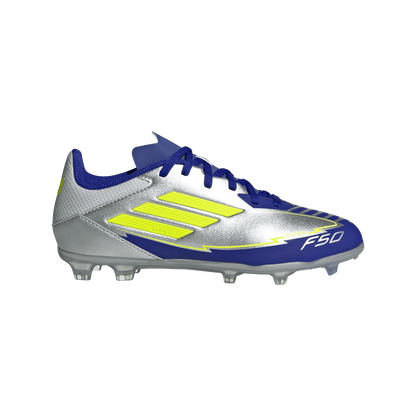 adidas F50 LEAGUE MESSI Firm/Multi-Ground Soccer Cleats | Silver Metallic / Solar Yellow / Lucid Blue | Kid's