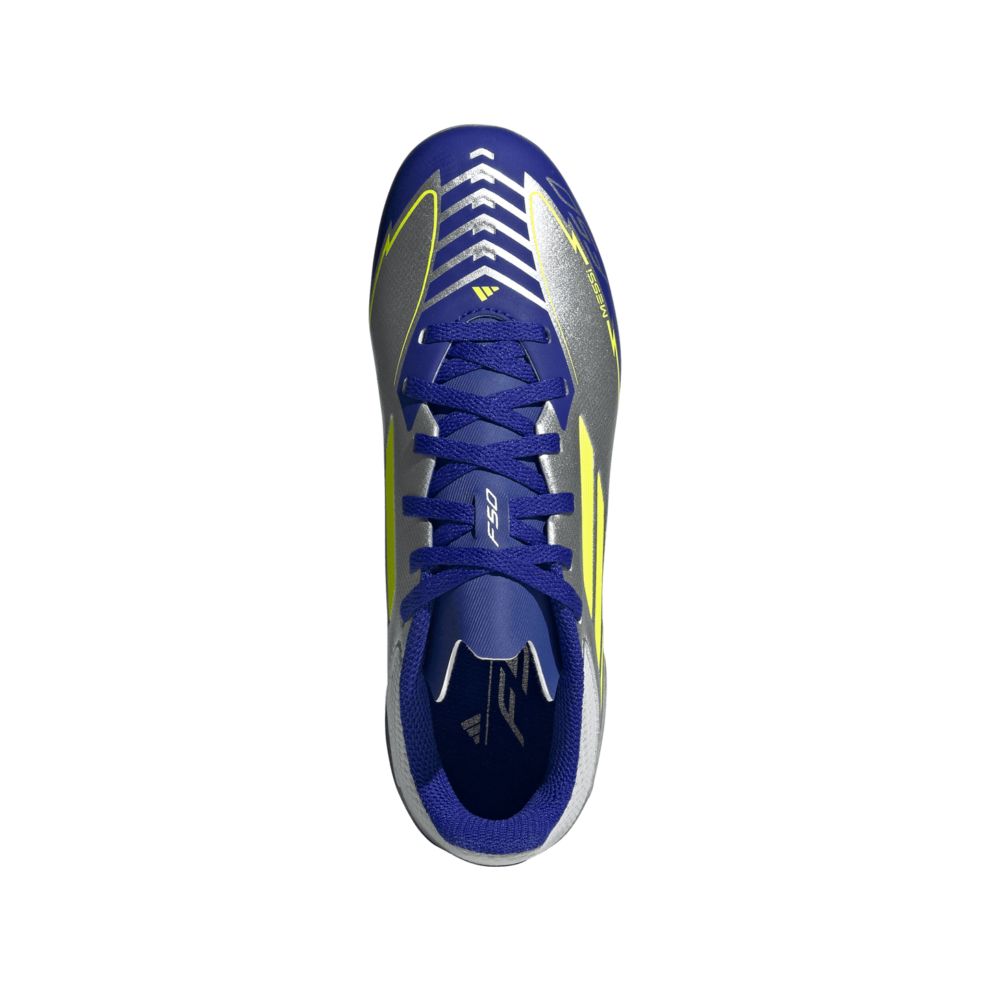 adidas F50 LEAGUE MESSI Firm/Multi-Ground Soccer Cleats | Silver Metallic / Solar Yellow / Lucid Blue | Kid's