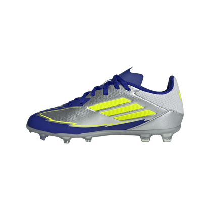 adidas F50 LEAGUE MESSI Firm/Multi-Ground Soccer Cleats | Silver Metallic / Solar Yellow / Lucid Blue | Kid's
