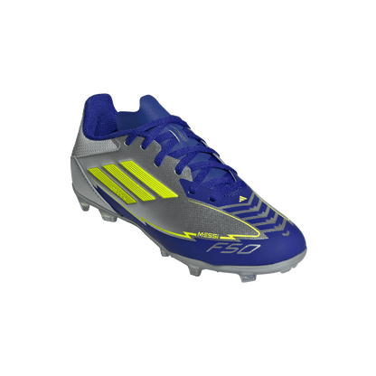 adidas F50 LEAGUE MESSI Firm/Multi-Ground Soccer Cleats | Silver Metallic / Solar Yellow / Lucid Blue | Kid's