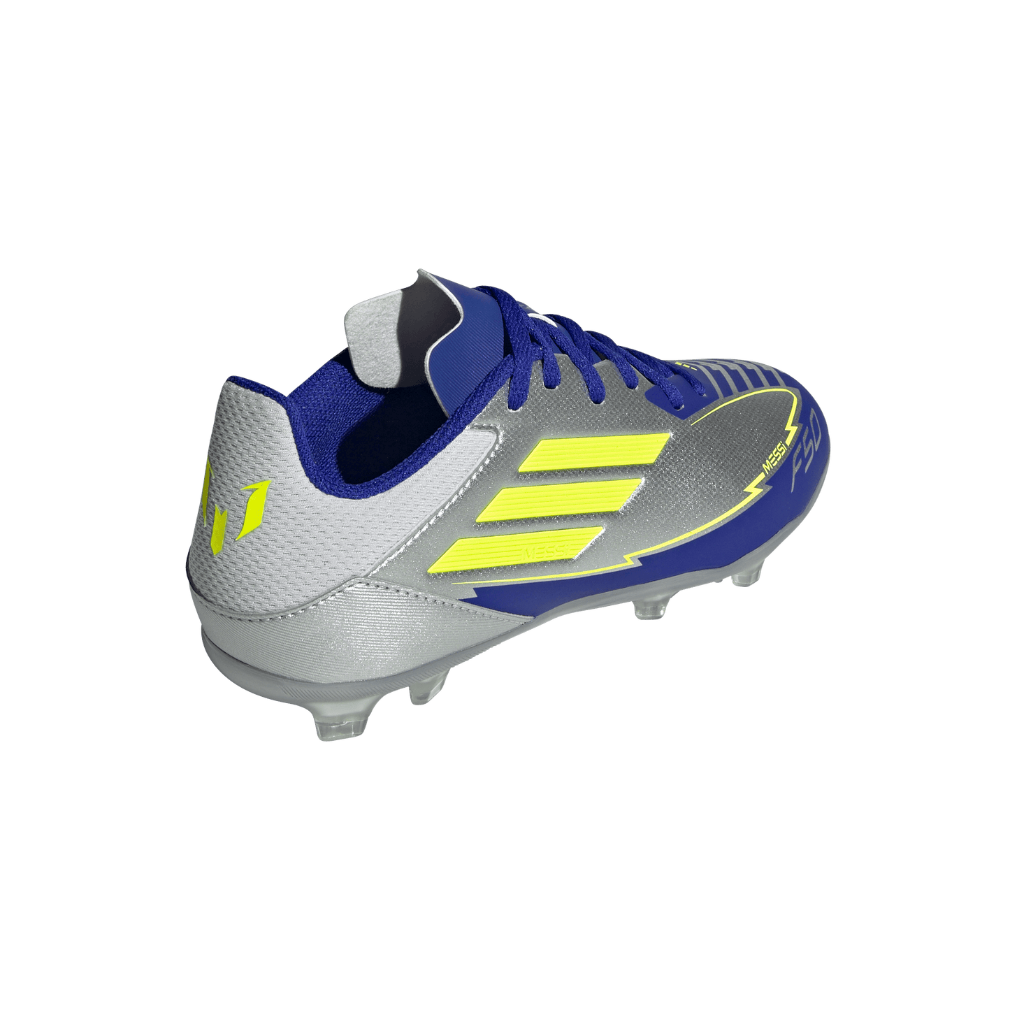 adidas F50 LEAGUE MESSI Firm/Multi-Ground Soccer Cleats | Silver Metallic / Solar Yellow / Lucid Blue | Kid's
