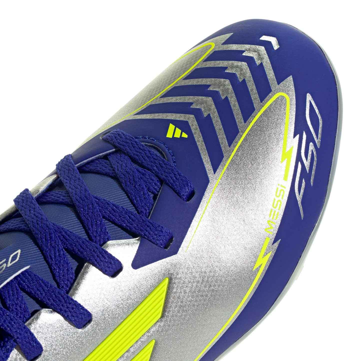 adidas F50 LEAGUE MESSI Firm/Multi-Ground Soccer Cleats | Silver Metallic / Solar Yellow / Lucid Blue | Kid's