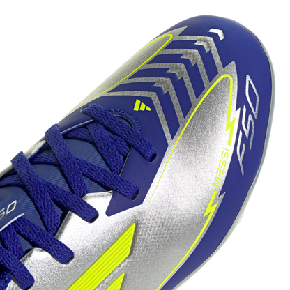 adidas F50 LEAGUE MESSI Firm/Multi-Ground Soccer Cleats | Silver Metallic / Solar Yellow / Lucid Blue | Kid's