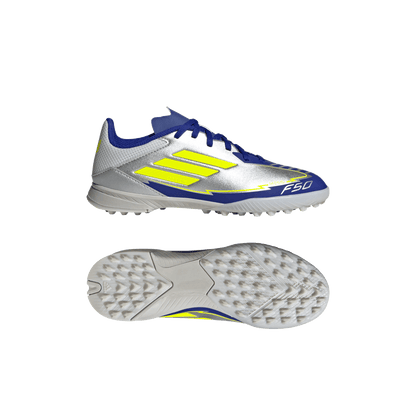 adidas F50 League Artificial Turf Messi Soccer Shoes | Silver Metallic / Solar Yellow / Lucid Blue | Kid's