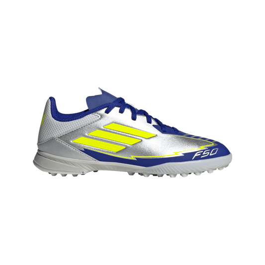 adidas F50 League Artificial Turf Messi Soccer Shoes | Silver Metallic / Solar Yellow / Lucid Blue | Kid's