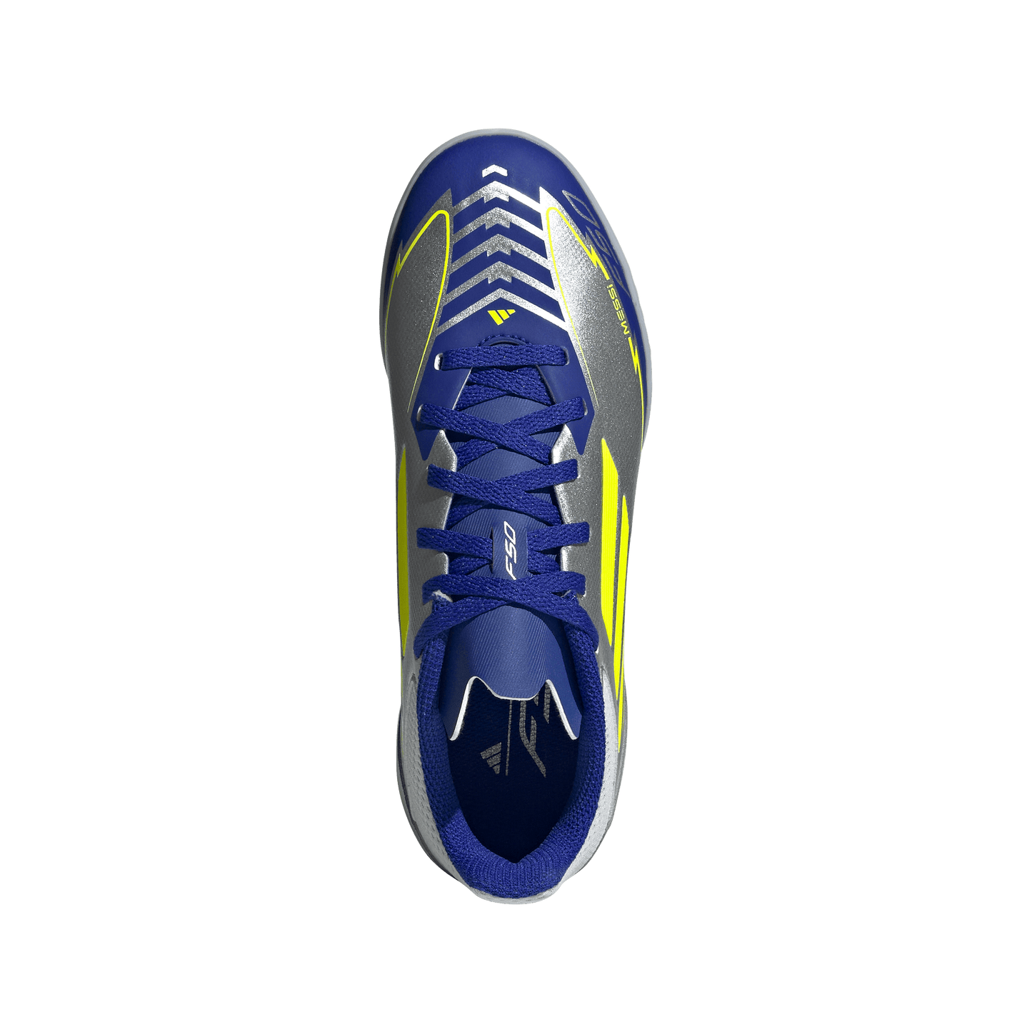 adidas F50 League Artificial Turf Messi Soccer Shoes | Silver Metallic / Solar Yellow / Lucid Blue | Kid's
