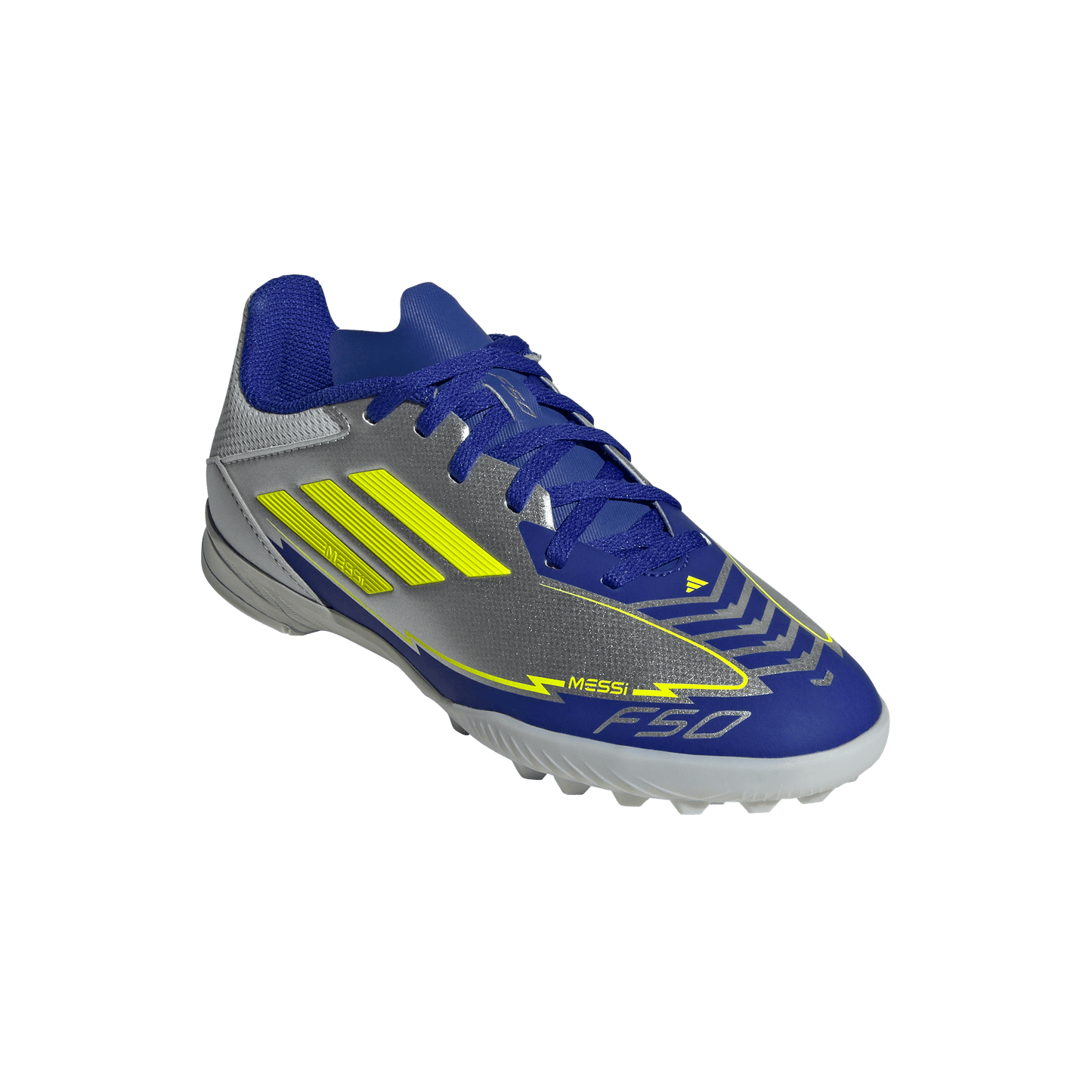 adidas F50 League Artificial Turf Messi Soccer Shoes | Silver Metallic / Solar Yellow / Lucid Blue | Kid's
