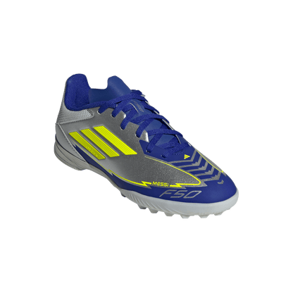 adidas F50 League Artificial Turf Messi Soccer Shoes | Silver Metallic / Solar Yellow / Lucid Blue | Kid's
