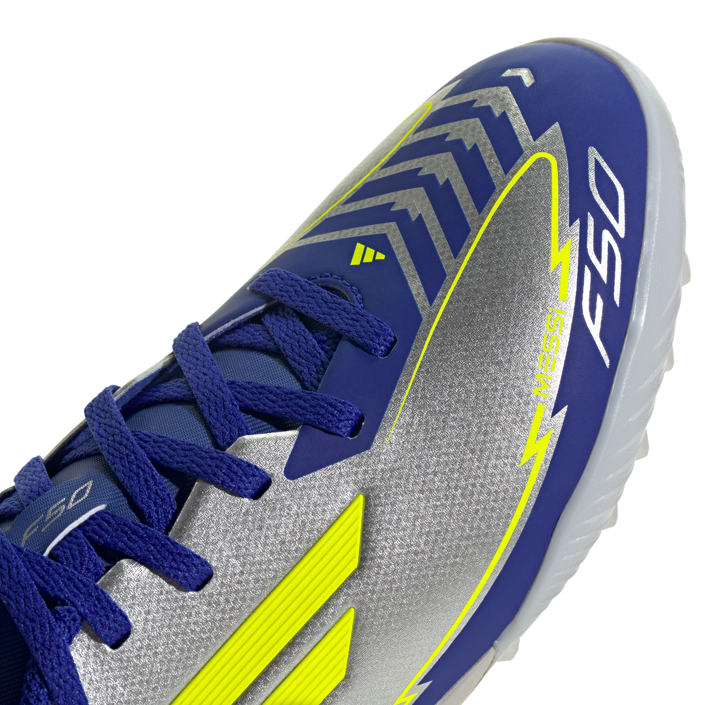 adidas F50 League Artificial Turf Messi Soccer Shoes | Silver Metallic / Solar Yellow / Lucid Blue | Kid's