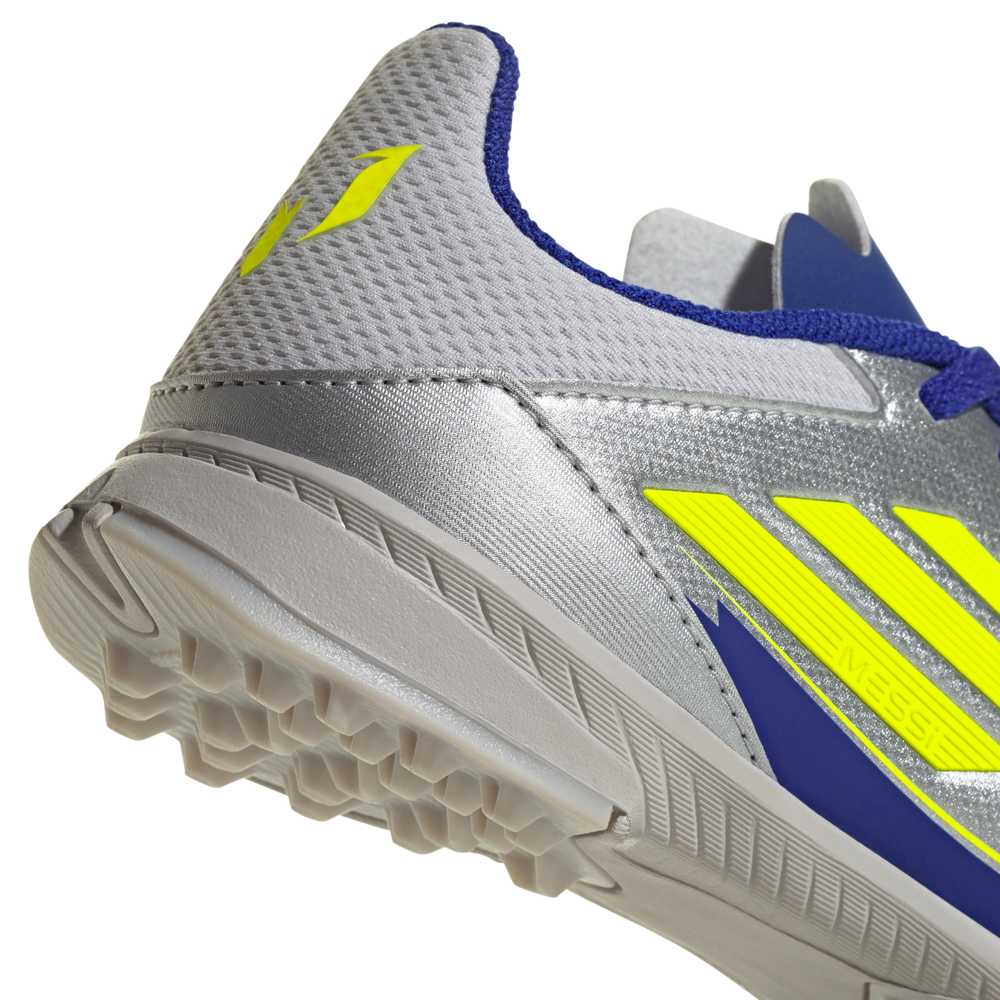 adidas F50 League Artificial Turf Messi Soccer Shoes | Silver Metallic / Solar Yellow / Lucid Blue | Kid's