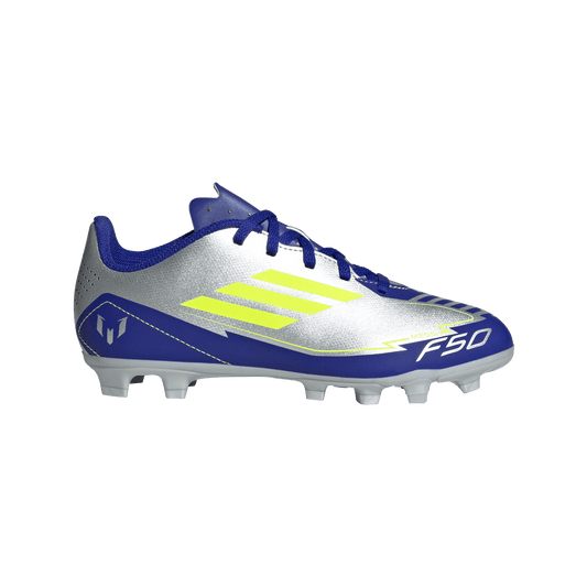 adidas F50 CLUB MESSI Firm/Multi-Ground Soccer Cleats | Silver Metallic / Solar Yellow / Lucid Blue | Kid's
