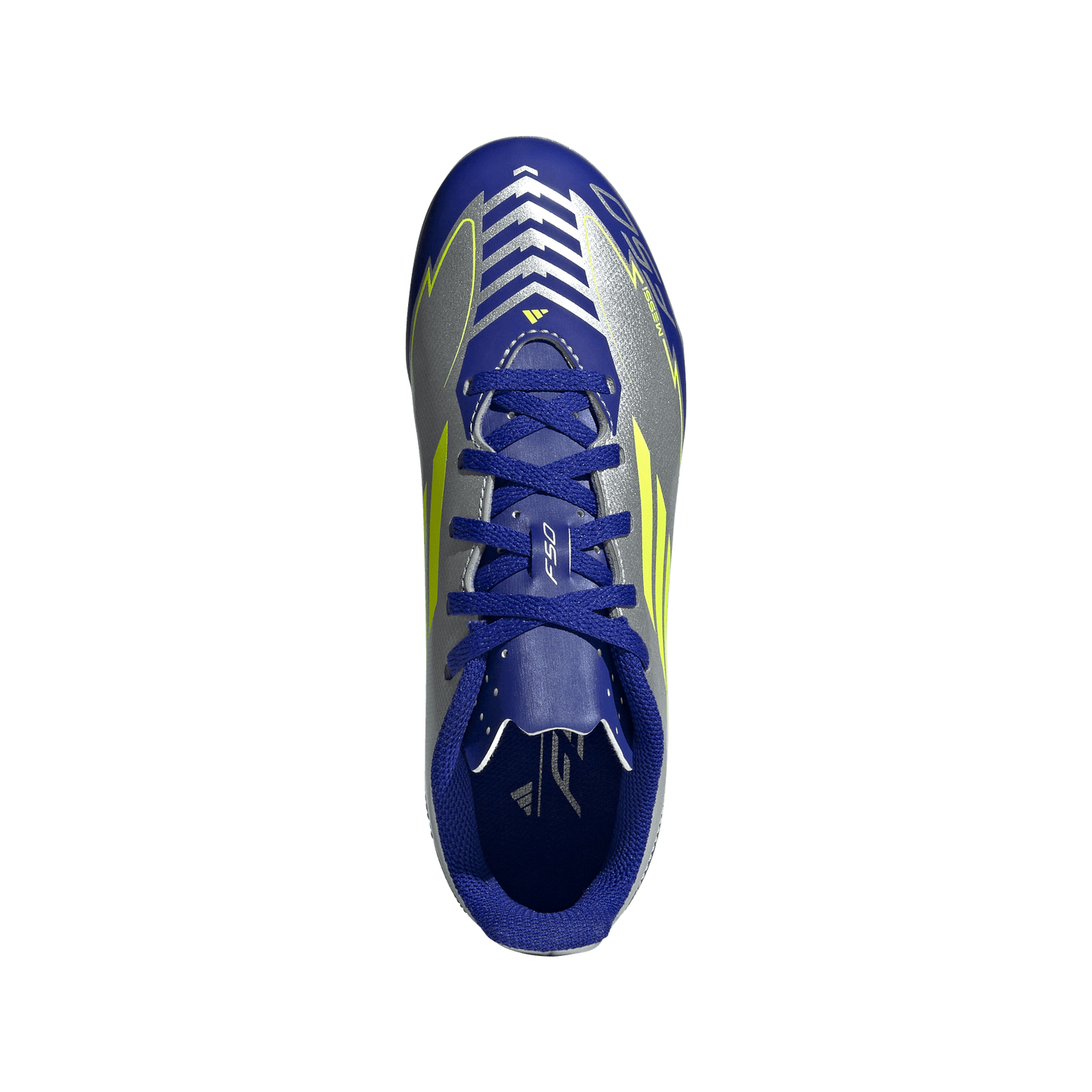 adidas F50 CLUB MESSI Firm/Multi-Ground Soccer Cleats | Silver Metallic / Solar Yellow / Lucid Blue | Kid's