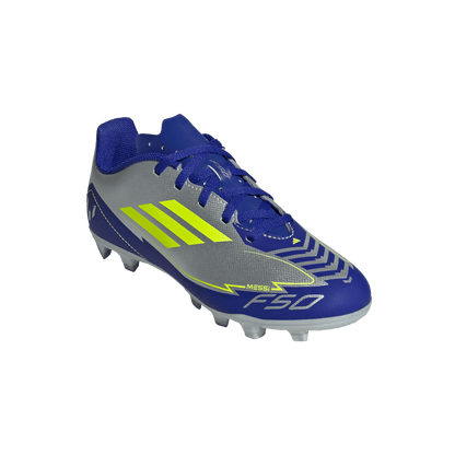 adidas F50 CLUB MESSI Firm/Multi-Ground Soccer Cleats | Silver Metallic / Solar Yellow / Lucid Blue | Kid's