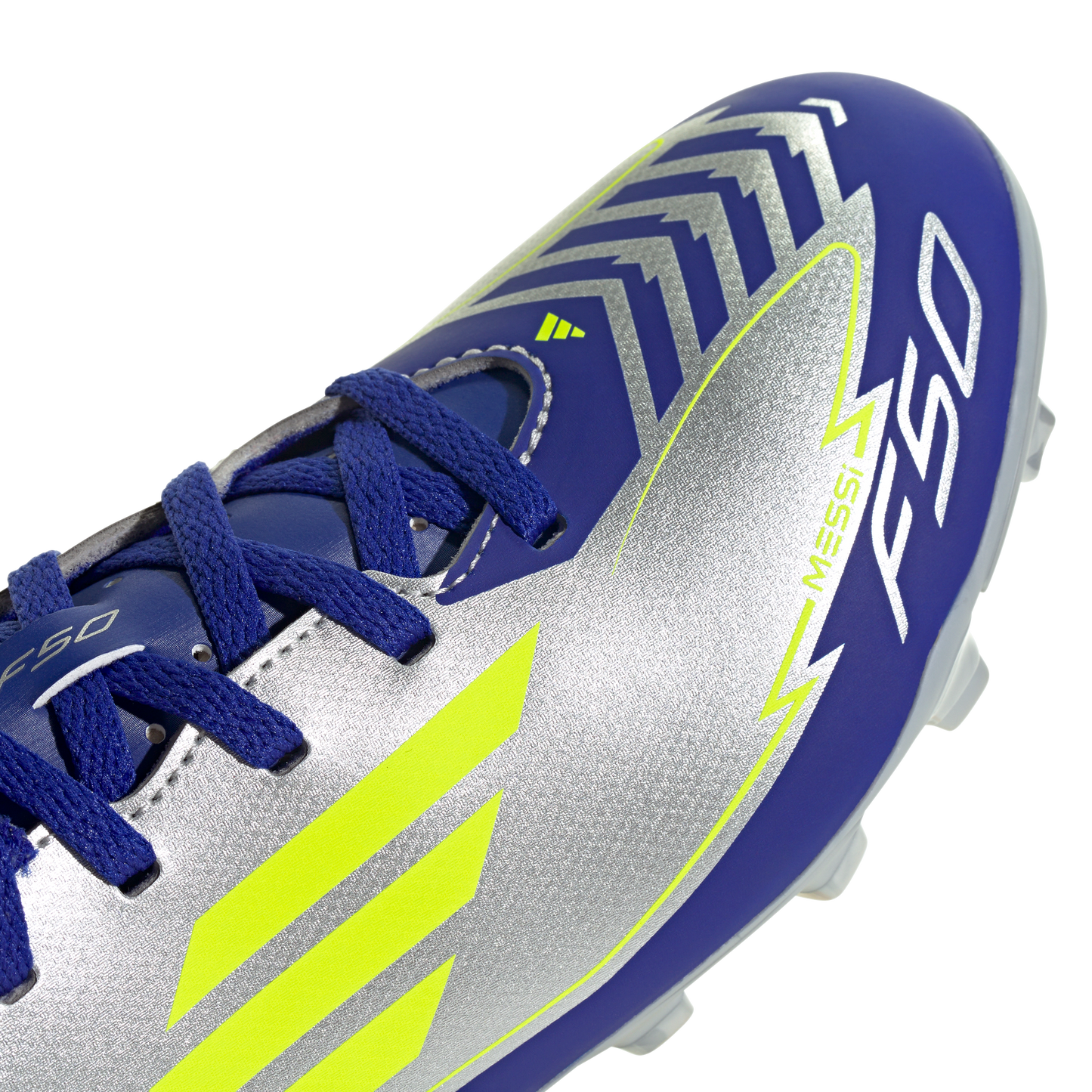 adidas F50 CLUB MESSI Firm/Multi-Ground Soccer Cleats | Silver Metallic / Solar Yellow / Lucid Blue | Kid's