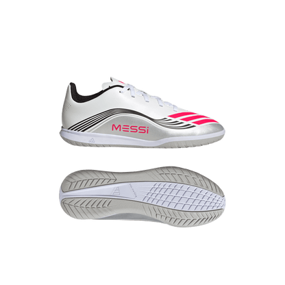 adidas F50 Club Indoor Messi Soccer Shoes | White / Lucid Red / Silver Metallic | Kid's