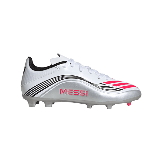 adidas F50 Messi League Firm/Multi-Ground Cleats | Cloud White / Lucid Red / Silver Metallic | Kid's