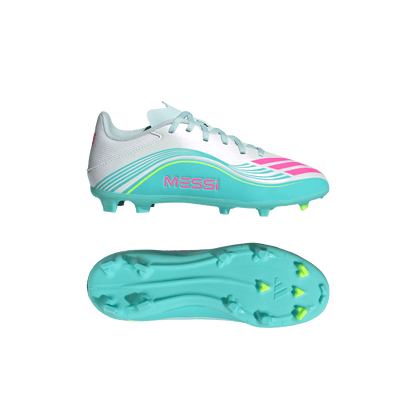 adidas F50 Messi League Firm/Multi-Ground Cleats | Cloud White / Lucid Pink / Flash Aqua | Kid's