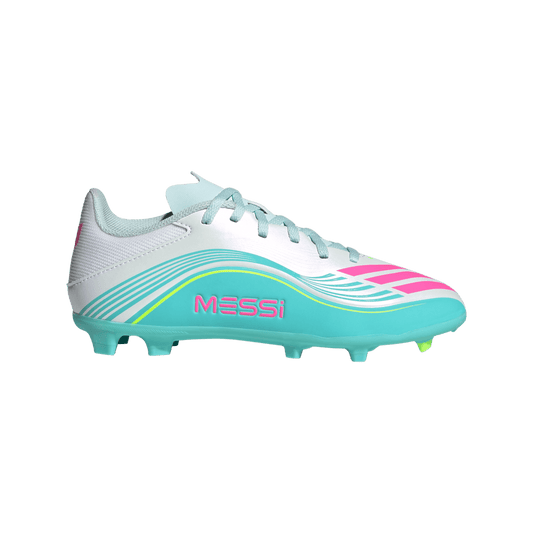 adidas F50 Messi League Firm/Multi-Ground Cleats | Cloud White / Lucid Pink / Flash Aqua | Kid's