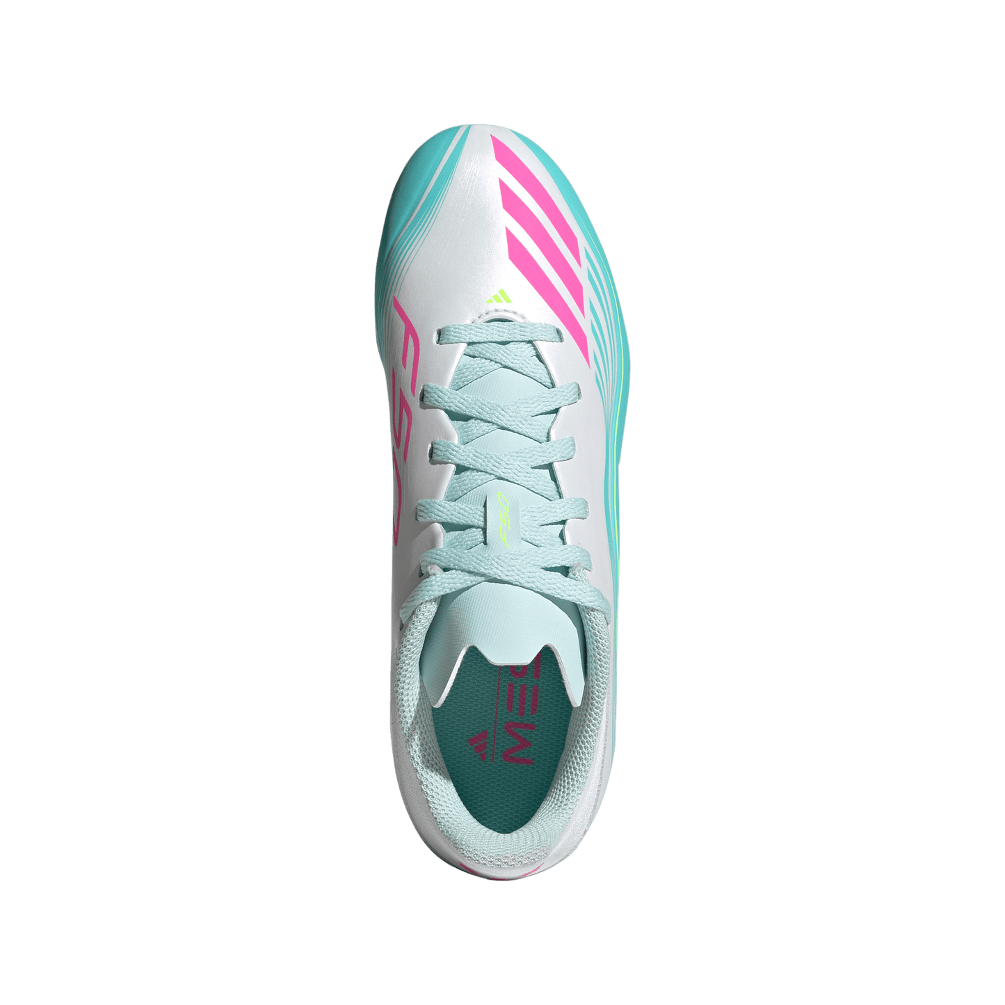 adidas F50 Messi League Firm/Multi-Ground Cleats | Cloud White / Lucid Pink / Flash Aqua | Kid's