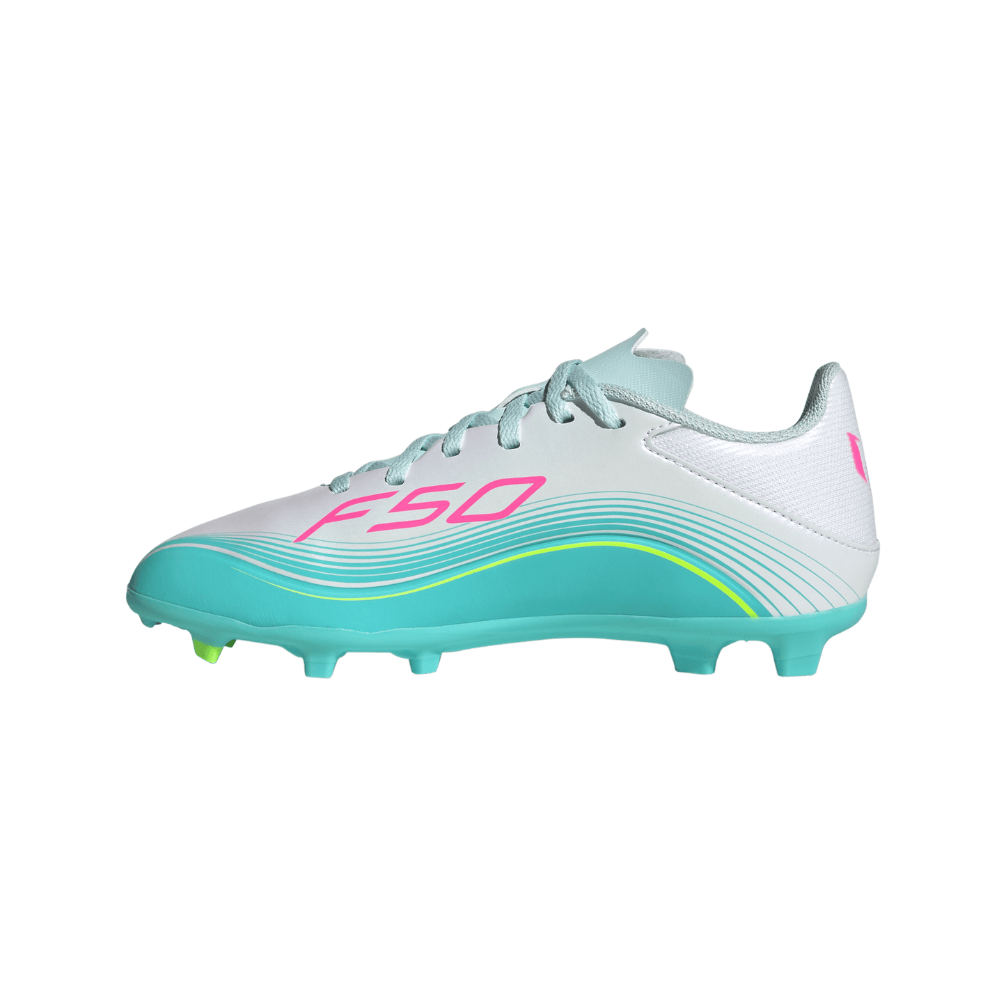 adidas F50 Messi League Firm/Multi-Ground Cleats | Cloud White / Lucid Pink / Flash Aqua | Kid's