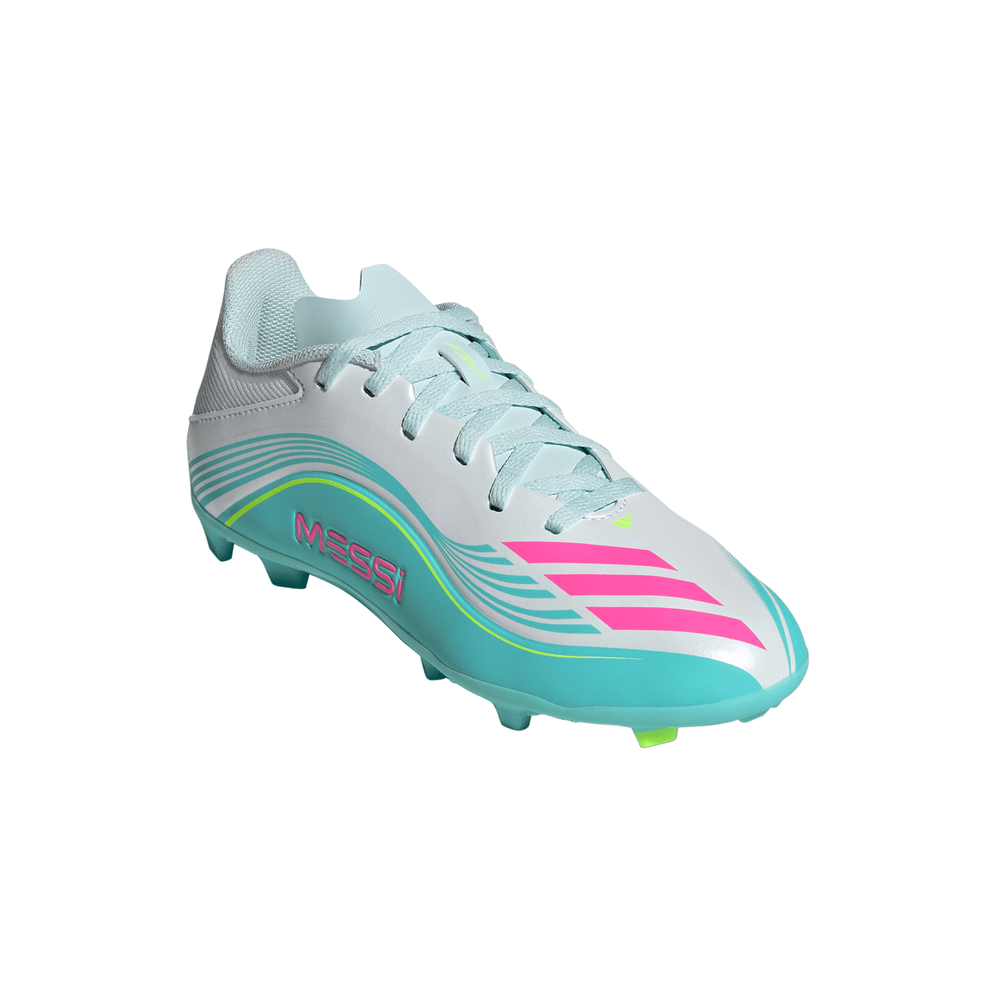 adidas F50 Messi League Firm/Multi-Ground Cleats | Cloud White / Lucid Pink / Flash Aqua | Kid's