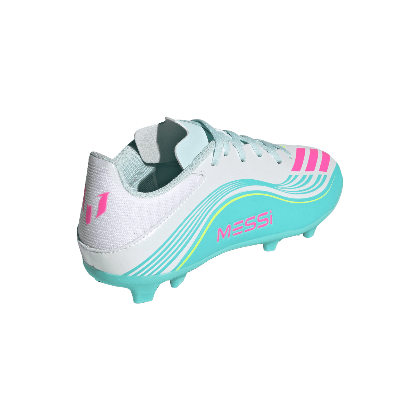 adidas F50 Messi League Firm/Multi-Ground Cleats | Cloud White / Lucid Pink / Flash Aqua | Kid's