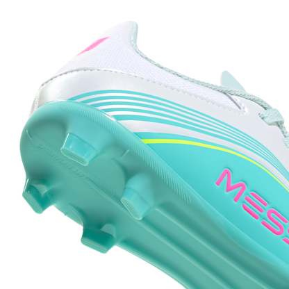 adidas F50 Messi League Firm/Multi-Ground Cleats | Cloud White / Lucid Pink / Flash Aqua | Kid's